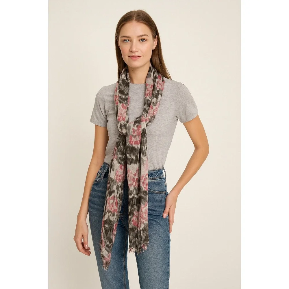 Floral Print Scarf Gray Pink Lightweight Fashion Accessory Shawl Wrap